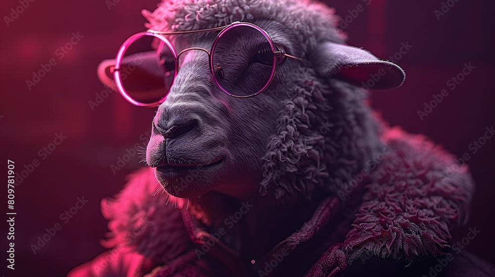 Fototapeta premium A sheep in glasses with a red background