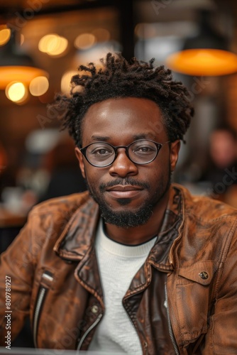 Young African American man wearing glasses and leather jacket © Tetiana Kasatkina
