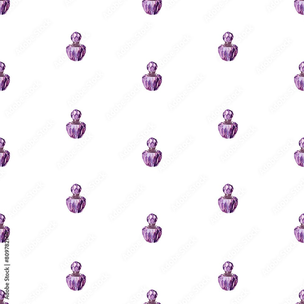 Watercolor seamless pattern with various perfume bottles and cosmetics Watercolor seamless pattern with various perfume bottles and cosmetics
