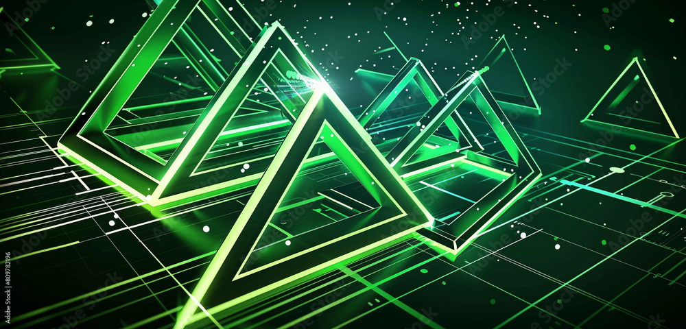 Green neon triangles with futuristic elements, symbolizing technological progress. Green neon triangles with futuristic elements, symbolizing technological progress.