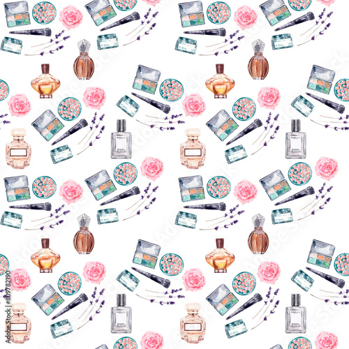 Watercolor seamless pattern with various perfume bottles and cosmetics