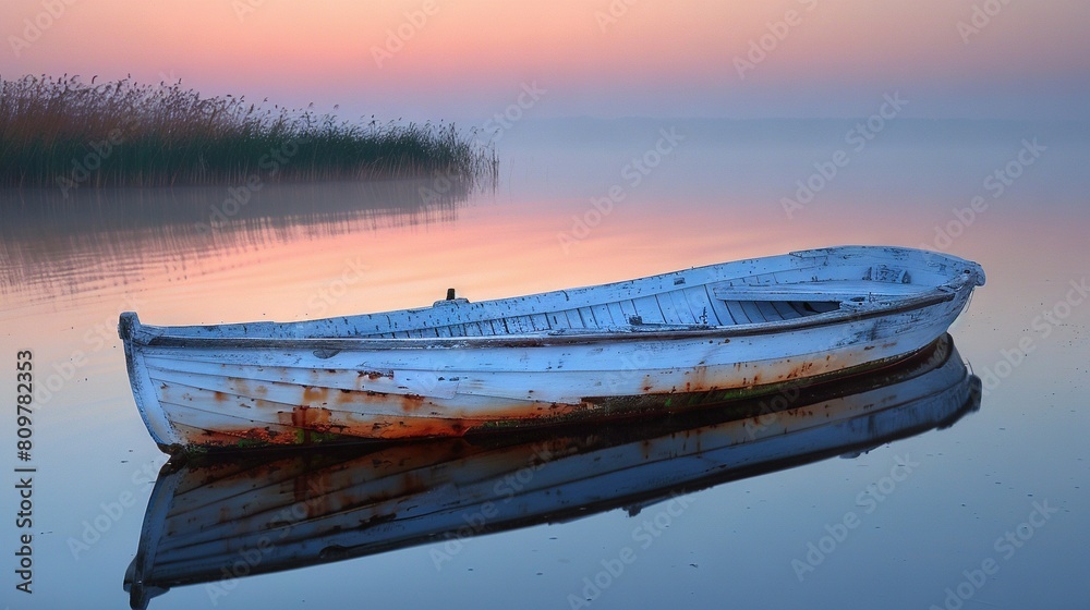   A white boat bobbles atop a placid lake beside a towering grassy isle in the heart of a tranquil expanse of water