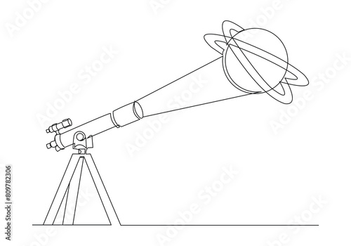 Continuous single one line sketch drawing of telescope optic magnifying observation outer space planet asteroid astronomy concept simple vector illustration