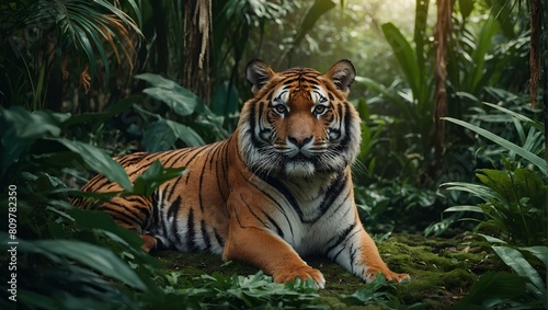 Nestled in the heart of a lush forest, a majestic tiger exudes beauty and power. Generative AI