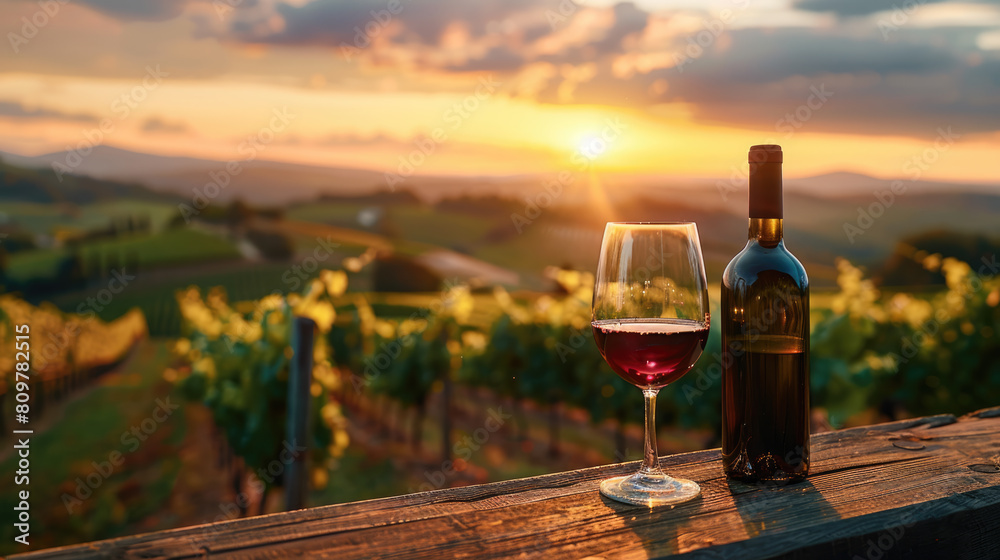 The sun at the bottom of a glass of wine. Dramatic shot of glass and bottle of wine on a wooden foreground with a vineyard behind in the distance