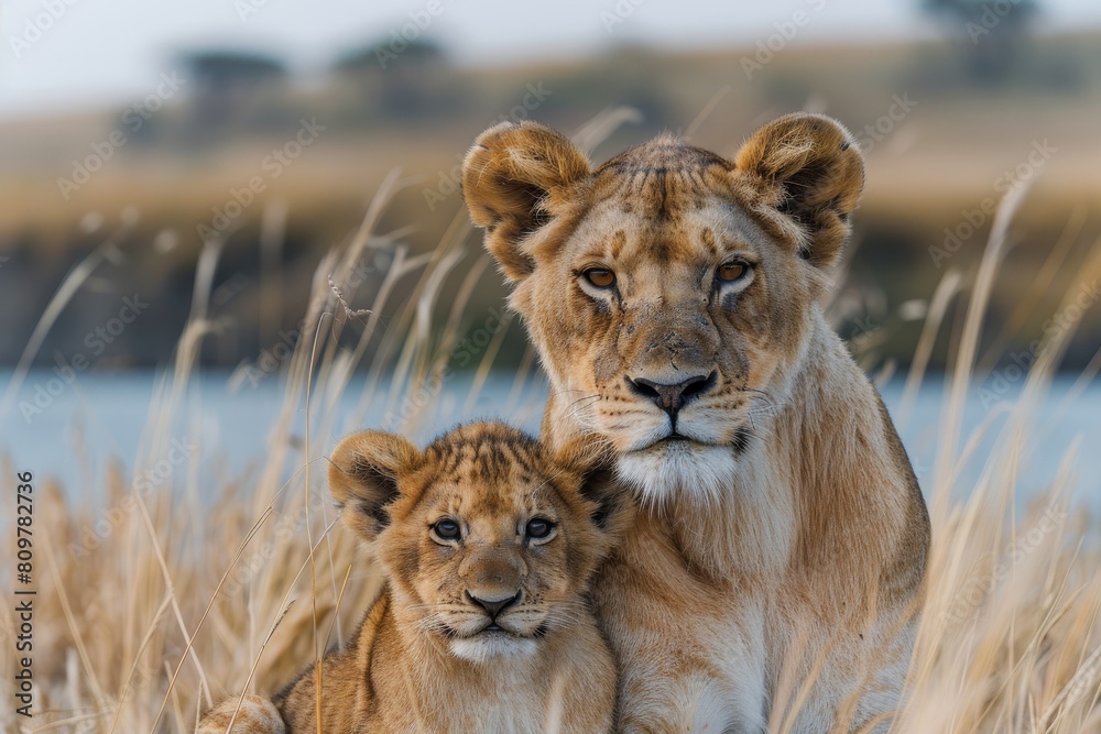 Tender moment between a lioness and her cub, nestled together in a grassy plain Tender moment between a lioness and her cub, nestled together in a grassy plain
