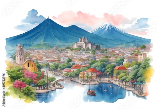 Guatemala Country Landscape Watercolor Illustration Art