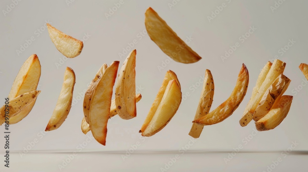 Fresh potato wedges tossed in the air on a light background, capturing the dynamic motion of cooking ingredients. Fresh potato wedges tossed in the air on a light background, capturing the dynamic motion of cooking ingredients.