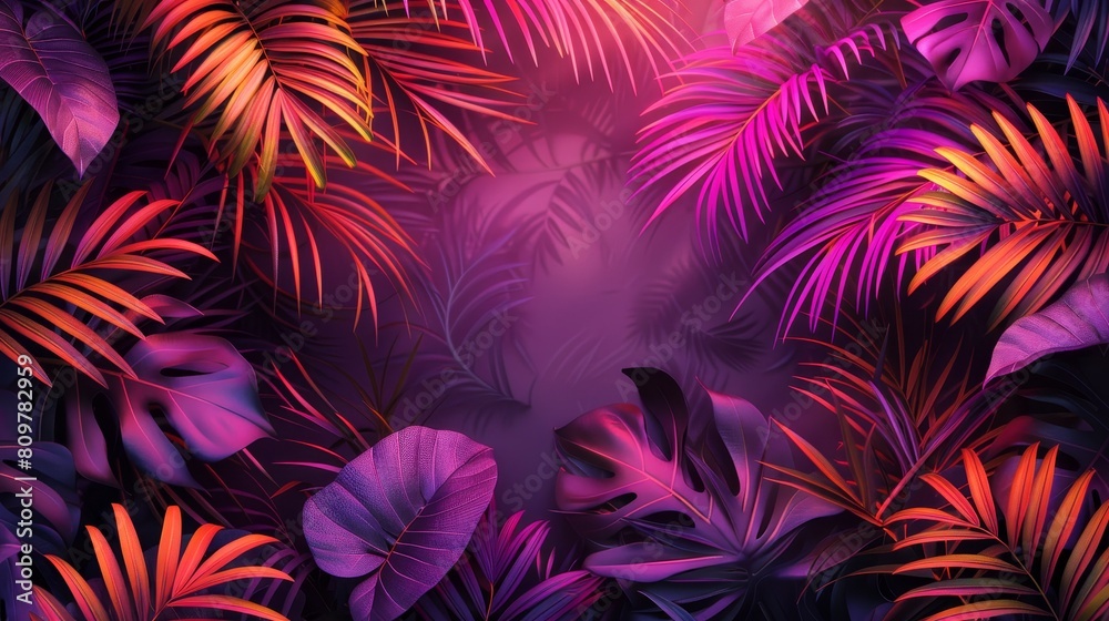 tropical leaves, utilizing a vibrant color combination of neon pink and orange, set in a rectangular frame
