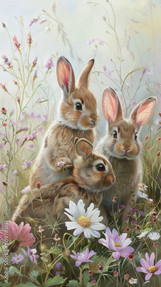 Fuzzy baby rabbits hopping through fields of wildflowers, their cotton-tail bobbing behind them Fuzzy baby rabbits hopping through fields of wildflowers, their cotton-tail bobbing behind them