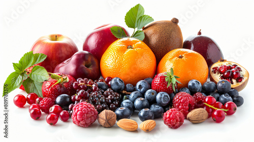 Different fresh fruits nuts and berries on white background