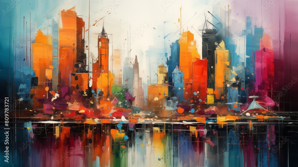 Abstract painting, the city comes to life with a burst of vibrant colors and dynamic shapes. Abstract painting, the city comes to life with a burst of vibrant colors and dynamic shapes.