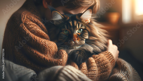 Cozy moment with a woman and her pet Maine Coon. Intimate portrait of a girl and her beautiful cat. Young woman cuddling a large fluffy cat photo