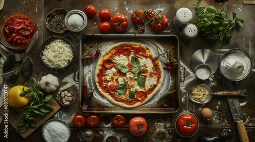 Top view of homemade pizza with fresh ingredients and cheese on rustic kitchen background, natural light, cooking concept.