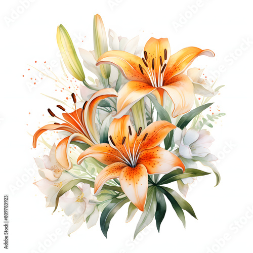 white background orange lily floral art border, watercolour illustration, copy space