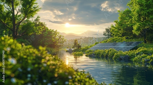 A picturesque 3D illustration of Earth with solar energy panels  wind turbines  and lush trees