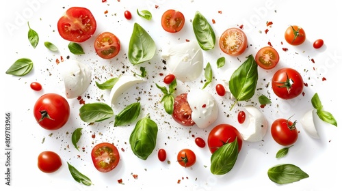 Fresh cherry tomatoes, mozzarella cheese, and basil leaves scattered on a white surface, ingredients for a classic Caprese salad.