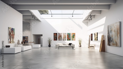An art gallery with beautiful paintings displayed on minimalist white walls. © ArB
