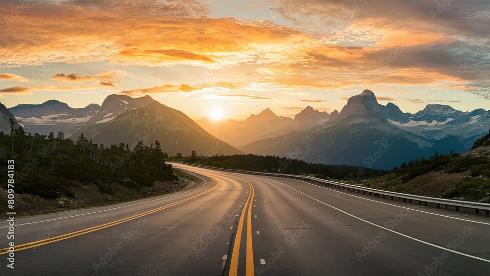 Naklejka premium Asphalt highway road and mountain natural scenery at sunrise. panoramic view