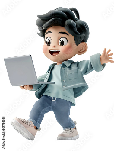 happy Boy Walking with Laptop ,3D style, isolated on transparent background