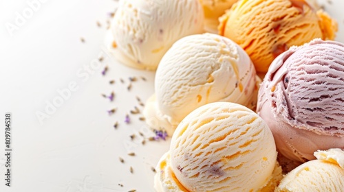 Assorted Gourmet Ice Cream Scoops on White Background