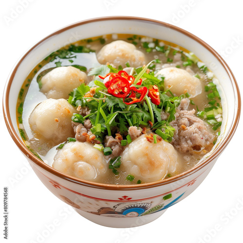Front view of Banh Duc Nong with Vietnamese rice cake soup, featuring rice cakes in a savory broth, often on a white transparent background photo