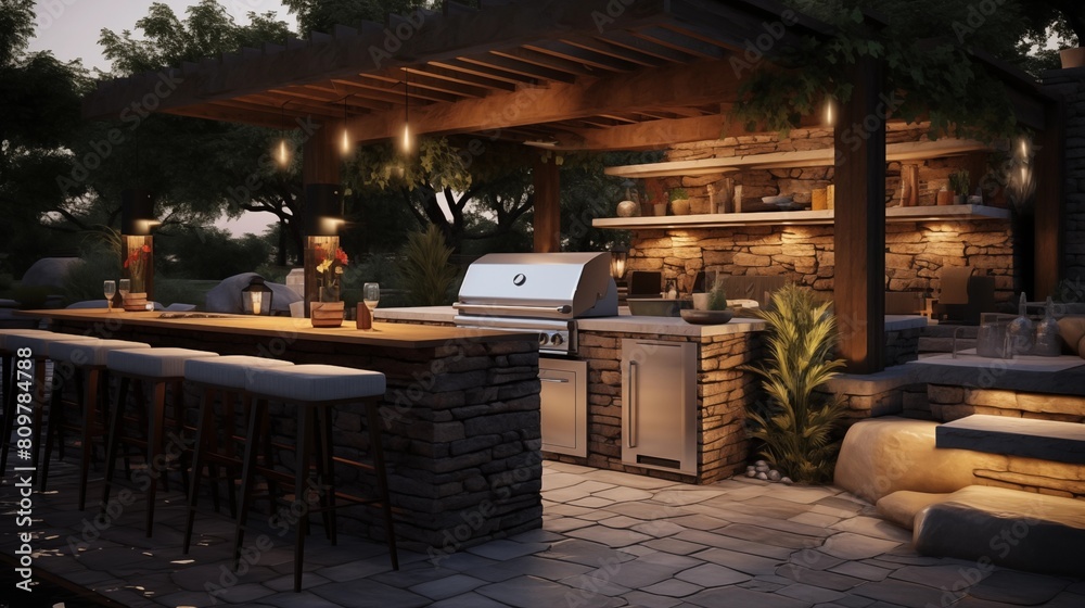 An outdoor entertainment area with a built-in barbecue and a bar setup.