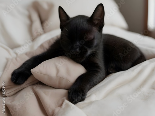 Sleeping Black Cat Animal Realistic Photo Illustration Art