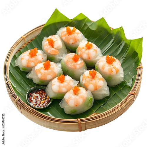 Front view of Banh It Tran with Vietnamese clear dumplings, featuring sticky rice dumplings filled with shrimp and mung beans, on a white transparent background photo