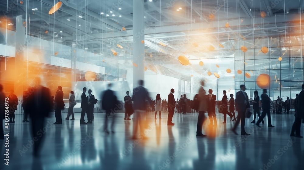 Background of an expo or convention with blurred individuals in an exposition hall. Concept image for a international exhibition, conference center, corporate marketing. Background of an expo or convention with blurred individuals in an exposition hall. Concept image for a international exhibition, conference center, corporate marketing.