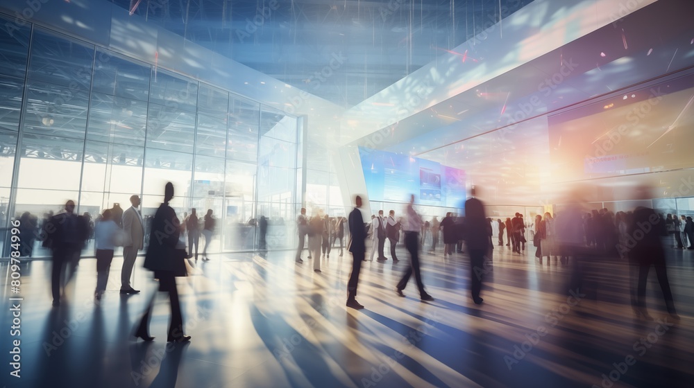 Background of an expo or convention with blurred individuals in an exposition hall. Concept image for a international exhibition, conference center, corporate marketing.