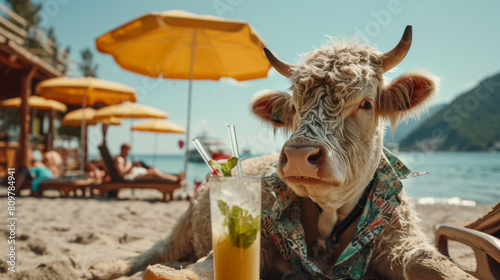 A alpine cow in human clothes lies on a sunbathe on the beach, on a sun lounger, under a bright sun umbrella