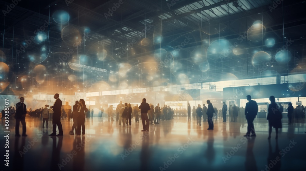 Background of an expo or convention with blurred individuals in an exposition hall. Concept image for a international exhibition, conference center, corporate marketing. Background of an expo or convention with blurred individuals in an exposition hall. Concept image for a international exhibition, conference center, corporate marketing.