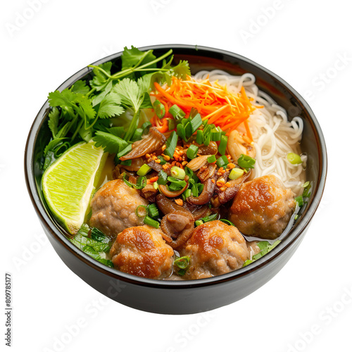 Front view of Bun Moc with Vietnamese pork and mushroom noodle soup, featuring pork meatballs, wood ear mushrooms, and herbs, on a white transparent background photo