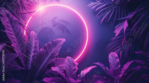 An elegant crescent frame design with an abstract neon background and tropical leaves