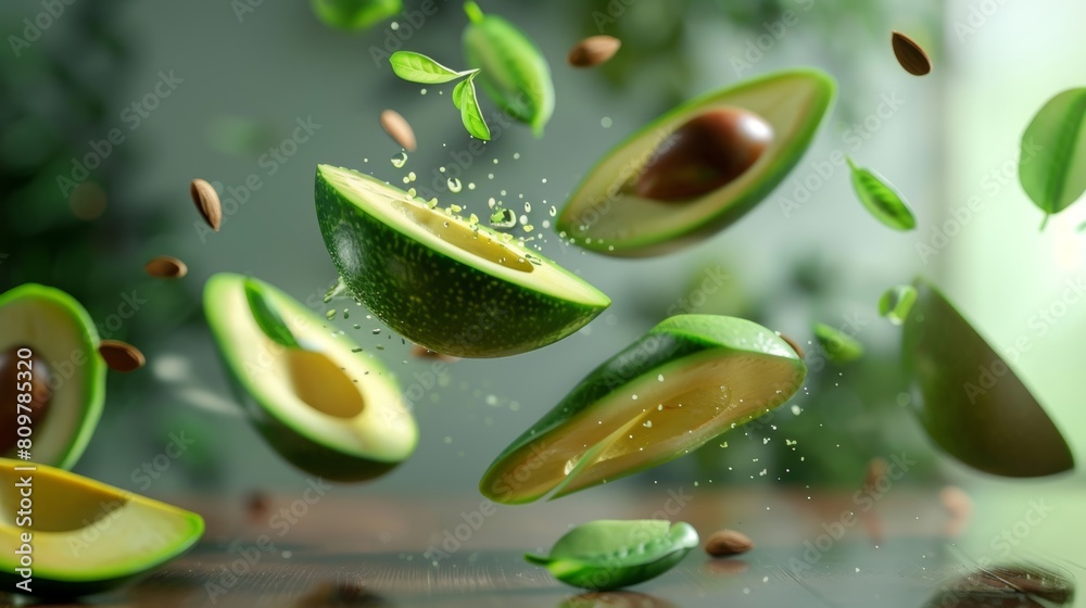 Levitating slices of avocado in a healthy composition Levitating slices of avocado in a healthy composition