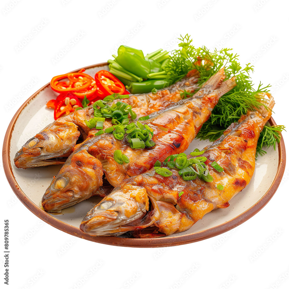 Front view of Ca Loc Nuong Mo Hanh with Vietnamese grilled buttery catfish, featuring marinated and grilled catfish, on a white transparent background Front view of Ca Loc Nuong Mo Hanh with Vietnamese grilled buttery catfish, featuring marinated and grilled catfish, on a white transparent background