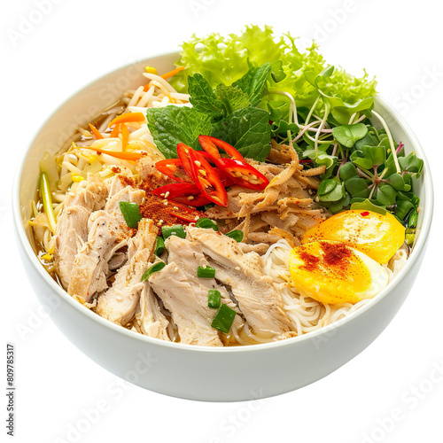 Front view of Bun Thang with Vietnamese Hanoi-style vermicelli noodle soup, featuring shredded chicken, pork, omelet, and herbs, on a white transparent background photo