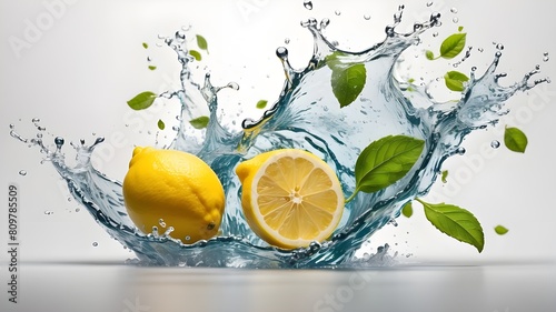 Isolated lemon water splash on a translucent white background, png. Water splash, leaves, and a slice of lemon fruit. water wave, citrus segment, and mint leaves in the backdrop. photo