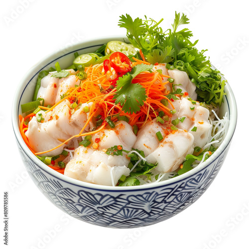 Front view of Ca Loc Nuong Mo Hanh with Vietnamese grilled buttery catfish, featuring marinated and grilled catfish, on a white transparent background photo
