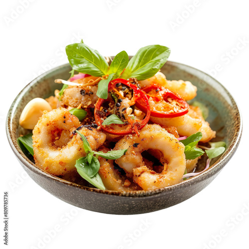 Front view of Muc Rang Muoi with Vietnamese salt and pepper squid, featuring crispy fried squid tossed in a salt and pepper seasoning, on a white transparent background photo