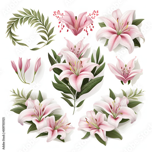 set of lily flowers and leaf with heart shape wreath  isolated on white background.