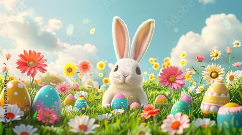 Illustrate a festive Easter banner with a charming rabbit head emerging from a whimsical hole © MAY
