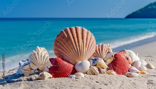 Travle and Vacation Concept - Seashells gathered from the shore of a summer exotic turquoise seaside sandy beach photo