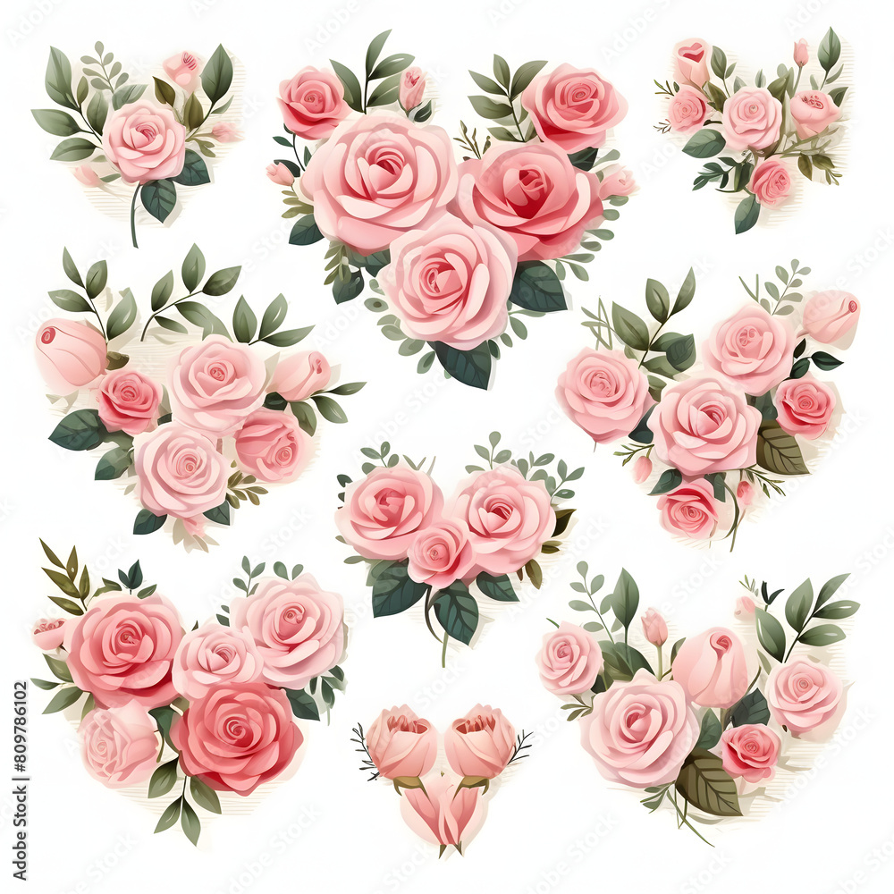 set of flowers and leaf with heart shape wreath, isolated on white background.