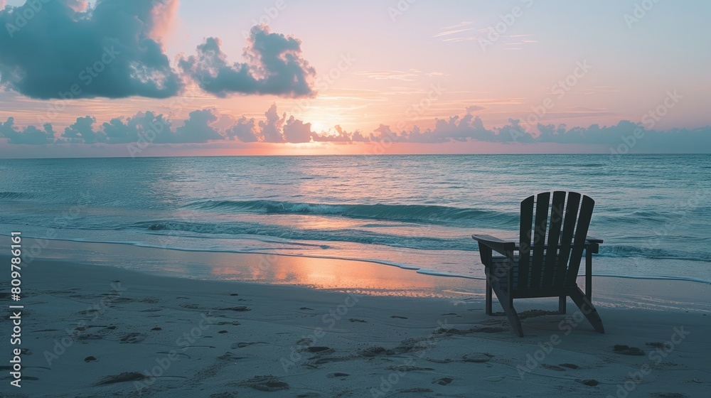 A chair is placed on the beach at dusk, with water reflecting the colorful sky and clouds as the sun sets over the horizon, creating a serene landscape AIG50