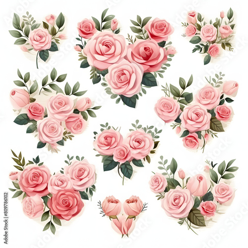 set of flowers and leaf with heart shape wreath, isolated on white background. © Jareerut