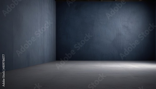 Empty dark blue abstract cement wall and studio room with smoke float up the interior texture for display products wall background