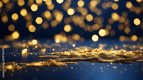 abstract background featuring gold and dark blue particles. Christmas Golden light particles bokeh against a background of navy blue. Texture of gold foil. Idea for a holiday.abstract background featu photo