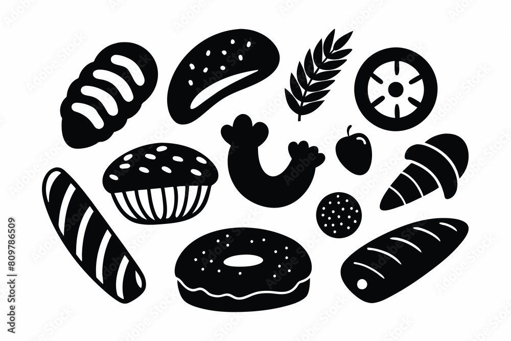 A hand-drawn set of bakery items elements pretzel croissant bread donut baguette Vector in the style of a doodle sketch. For cafe and bakery menus